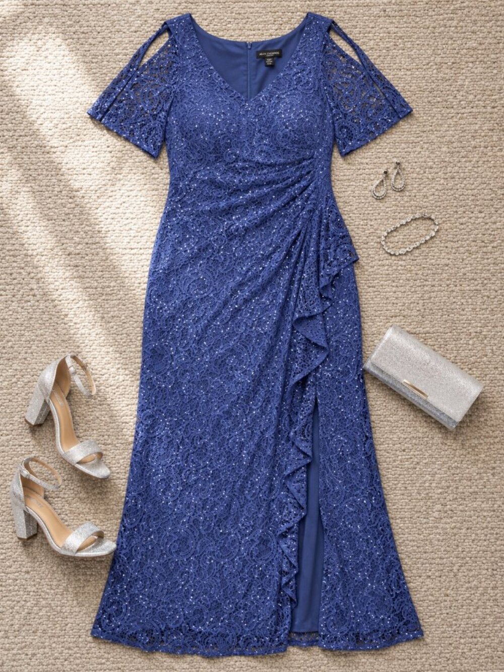Alex Evenings Wedgewood Blue Ruffle Trim Slit Sequin Maxi Dress 18W NWT